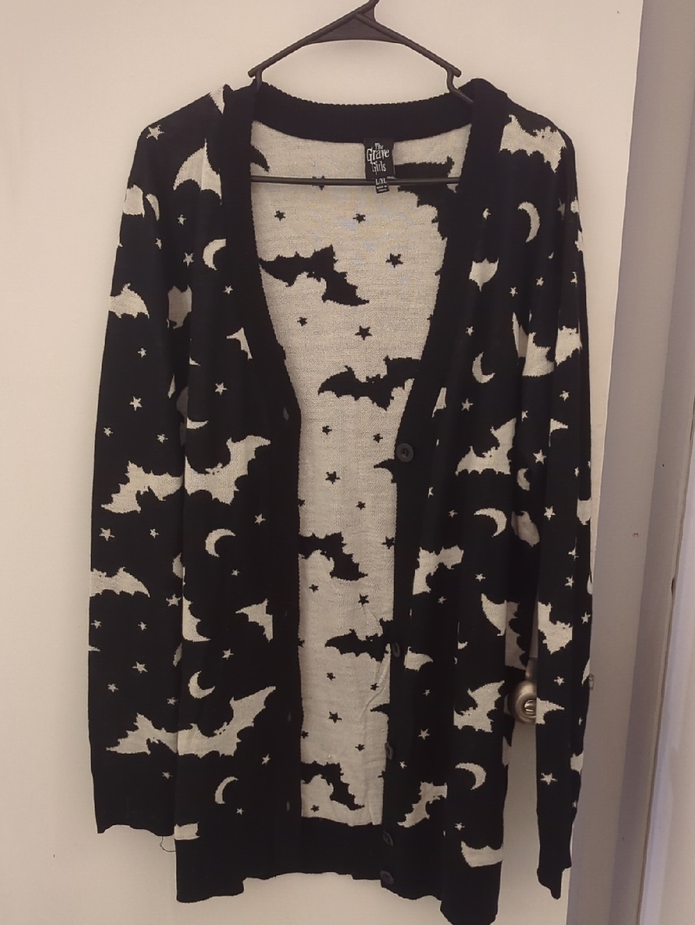 The Grave Girls Black & White Bat-Print Long-Sleeved Cardigan Sweater